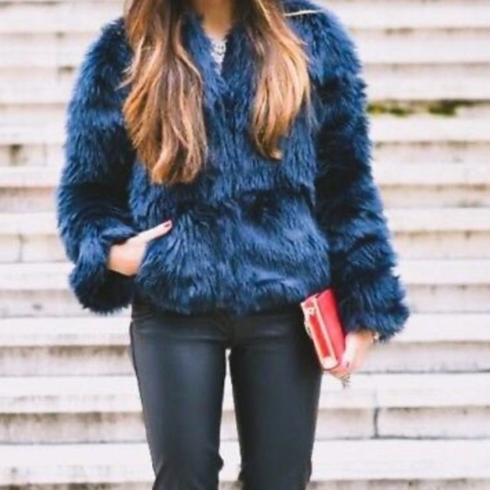 ZARA Trafaluc faux fur jacket short fur midnight blue Size S